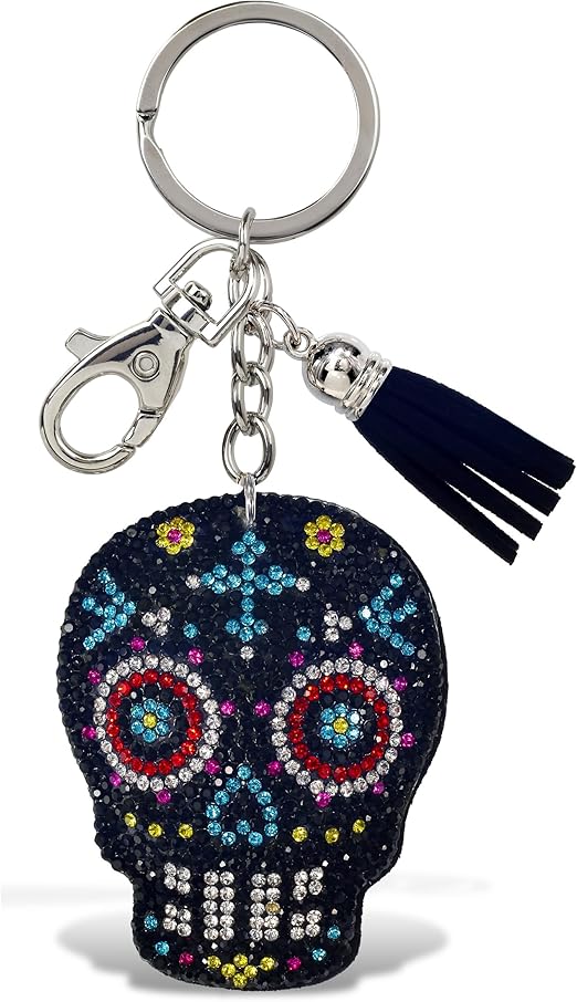 Sugar Skull Keychain - Black Sparkling Rhinestones Charm with Tassel, Fashionable Stylish Polyester PU Key Ring Bling Jewelry Accessory with Clasp For Key Chain, Bag, Purse & Backpack - sugar skull handbags for sale