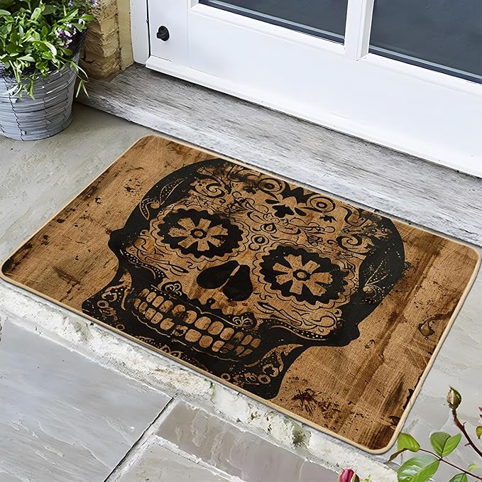 Skull Doormat, Black Sugar Skull Door Mat for Halloween Decor, Rustic Rubber Waterproof Non-Slip Entrance Mat, Easy to Clean for Outdoor & Indoor Use 29x17 Inch - sugar skull floor mat
