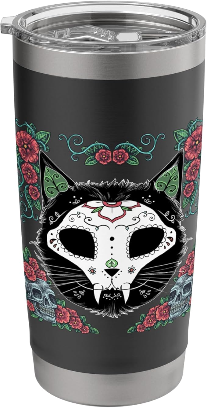 Trendy Floral Cat Sugar Skull Poster Stainless Steel Insulated Tumbler - sugar skull poster print