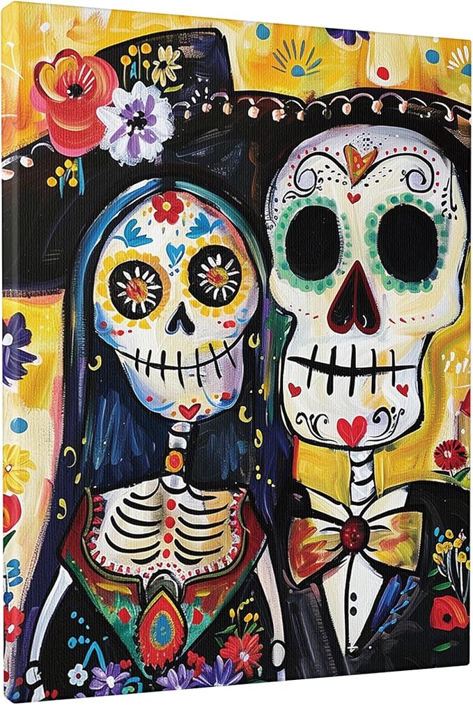 Sugar Skull Wall Art, Colorful Day of the Dead Canvas Prints, Art Home Decor for Living Room, Bedroom, Halloween, Unframed 16x20 Inch - sugar skull poster print