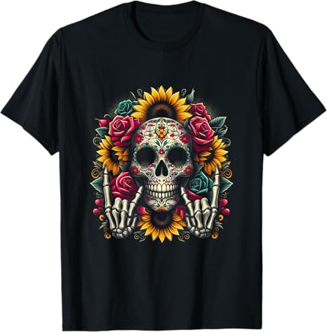 Skull Flowers On Rocker Sunflower Sugar Skull Rock - sugar skull t-shirt womens