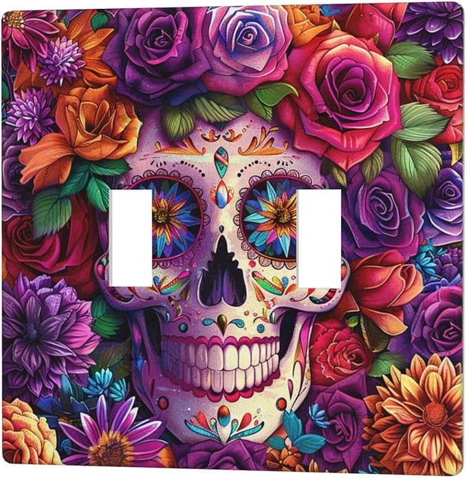 Decorator Switch Cover 2 Gang Double Toggle Sugar Colorful Skull Head Wall Plate Outlet Switch Covers Light Switch Cover Receptacle Cover - sugar skull plates set
