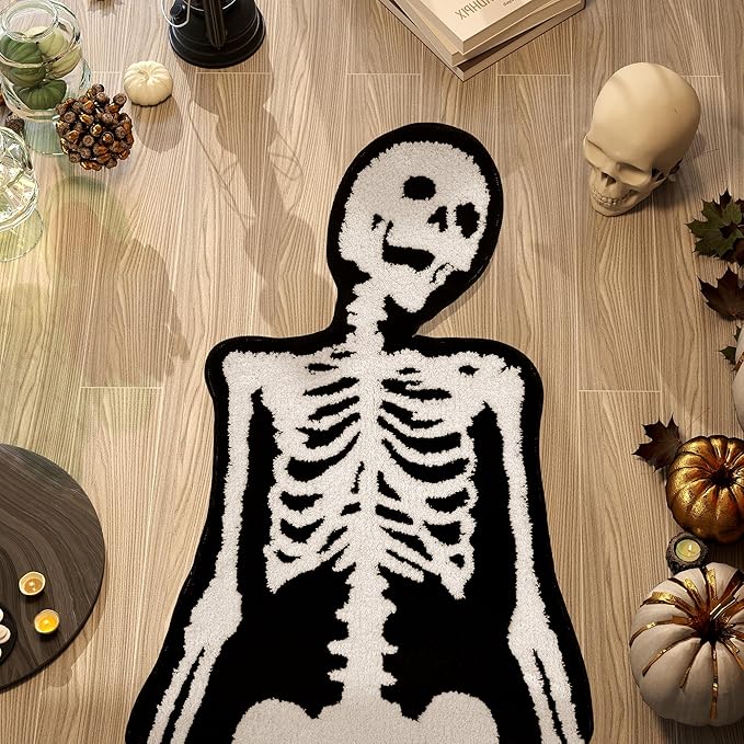 Halloween Bathroom Rugs, Spooky Skull Bath Mat Gothic Decor, Cool Rugs for Bedroom, High-Pile Soft Flocking Gothic Rug, Black & White, 28”×40” (Skeleton) - sugar skull area rug