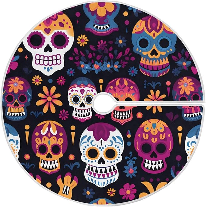 ALAZA Dia De Los Muertos Sugar Skull Christmas Tree Skirt Decoration for Merry Christmas Party Decorations Holiday Xmas 35.4 Inches - sugar skull christmas decorations