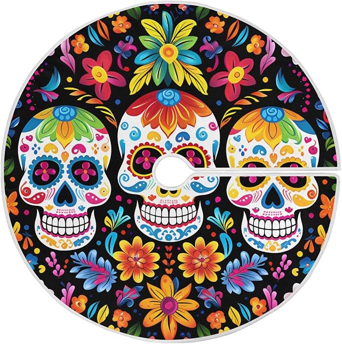 ALAZA Dia De Los Muertos Floral Sugar Skull Christmas Tree Skirt Decoration for Merry Christmas Party Decorations Holiday Xmas 47.2 Inches - sugar skull christmas decorations