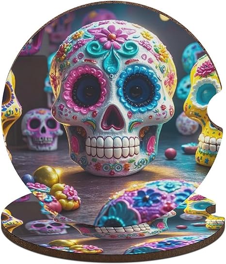 Car Coasters 2PCS Sugar Skulls Car Cup Holder Coaster Non-Slip Drink Coasters Absorbent Coffee Cup Pad Wood Car Coasters Universal Auto Cup Mats Car Interior Accessories for Most Vehicle - sugar skull car floor mats