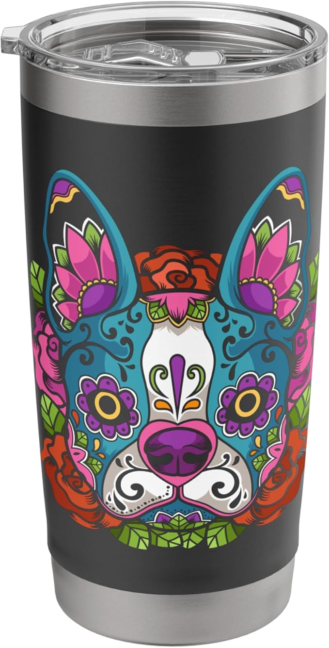 Boston Terrier Sugar Skull Dog Day of the Dead Stainless Steel Insulated Tumbler - sugar skull tumbler with straw
