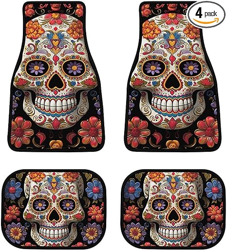 Automotive Floor Mats 4 Pieces Sugar Skulls Car Floor Mat Anti-Slip Car Mat Universal Fit Foot Mat for All Weather Heavy Duty Floor Protection for Car Truck Van - sugar skull car floor mats