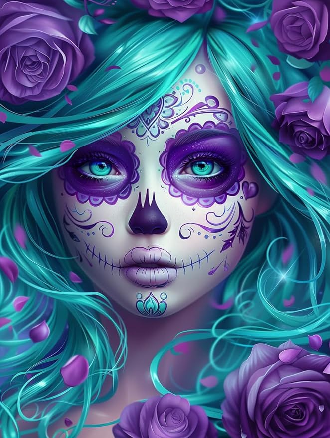 5D Diamond Art Painting Kits Cute Sugar Skull Woman Surrounded by Roses DIY Round Full Drill Diamond Paint by Diamond Number Kits for Beginners Crystal Cross Stitch Wall Decoration 30x40cm(3) - sugar skull canvas wall art