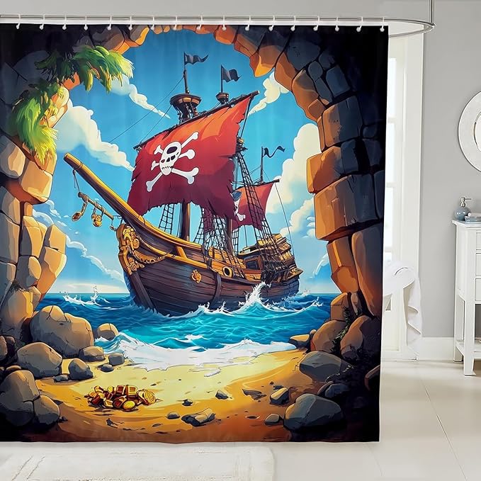 Castle Fairy Pirate Boat Waterproof Shower Curtains Nautical Adventure Theme Fabric Bathroom Shower Curtain Gothic Sugar Skull Dorm Bathtubs Decor Navigation Sailing Boat Curtain 72 x 72 Inch - sugar skull shower curtain set