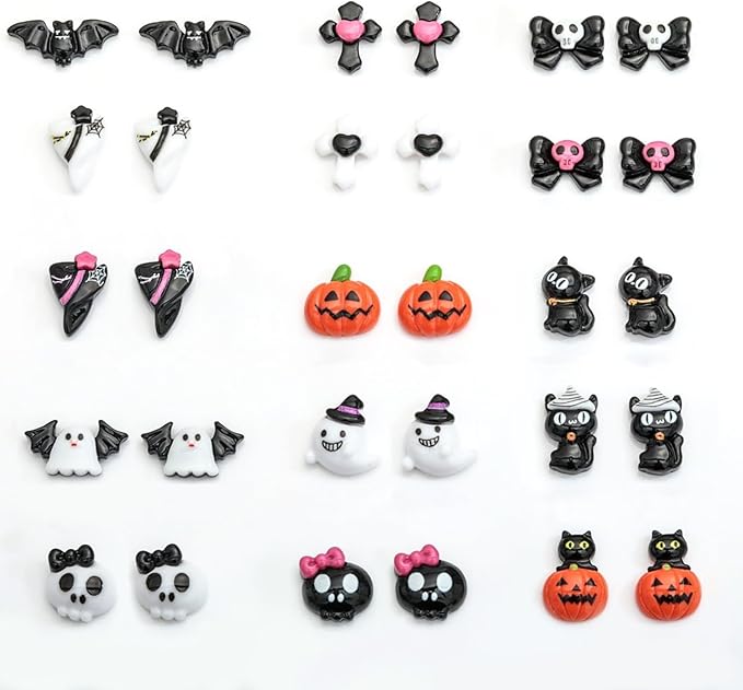 Halloween Nail Art Charms - 30pcs 3D Resin Designs: Bats, Ghosts, Pumpkins, Skulls - DIY Nail Accessories - sugar skull nail art