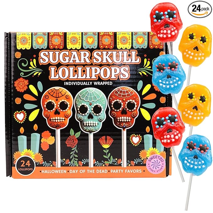 Sweetzo Halloween Sugar Skull Candy Lollipops, Individually Wrapped Dia De Los Muertos Suckers, Strawberry, Orange and Blueberry Flavored (24 Pieces) - sugar skull christmas ornament