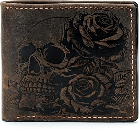 Leather skull wallet, bifold handmade skull art wallet, leather gift ideas for him, ID card minimalist wallet - sugar skull wallets for women