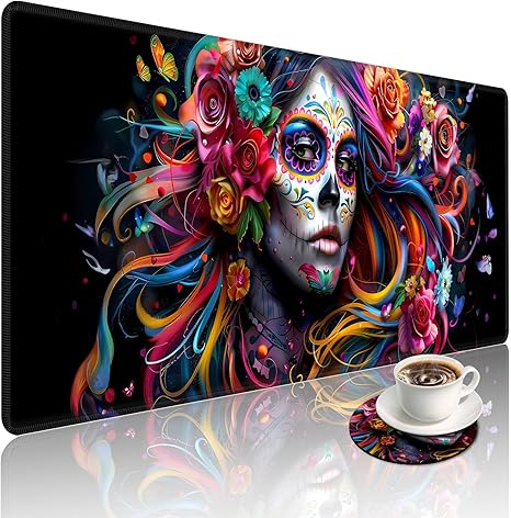 Sugar Skull Woman Large Gaming Mouse Pad with Coaster, Durable Stitched Edges Protection Design, Cute Large Desk Mat for Desktop, 35.4x15.7 inch XXL Extended Computer Mat for Gaming and Office - sugar skull coasters set