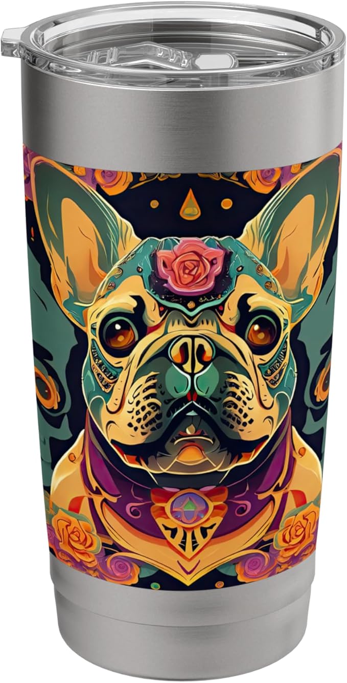 Frenchie Day of Dead Sugar Skull Dog Mom Dad French Bulldog Stainless Steel Insulated Tumbler - sugar skull tumbler with straw