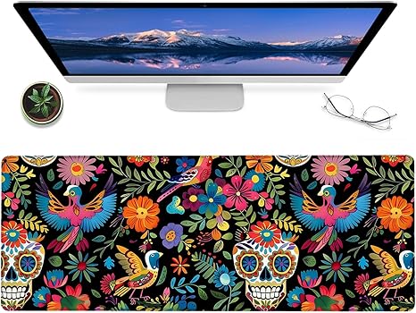 Day of The Dead Gaming Mouse Pad – 12x31.5in Non-Slip Rubber Desk Mat with Sugar Skull Floral Design – Large Extended Mousepad for Office Home – Deskmat Gifts for Día De Los Muertos Art Decor - sugar skull car floor mats
