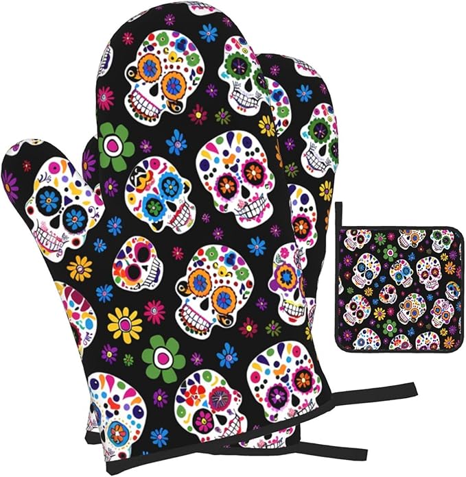 Oven Mitts and Pot Holders Sets of 3 Colorful Mexican Sugar Skull Heat Resistant Kitchen Oven Gloves Non Slip Potholder for Grilling Backing BBQ Cooking - sugar skull oven mitts