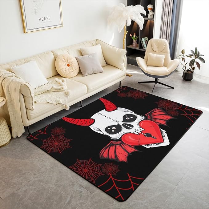 Erosebridal Red Black Sugar Skull Carpet,Gothic Horror Skeleton Demon Dining Room Under Table Area Rug 5x7,Love Heart Wings Decorative Washable Rug,Spiderwebs Cobwebs Living Room Rugs - sugar skull area rug