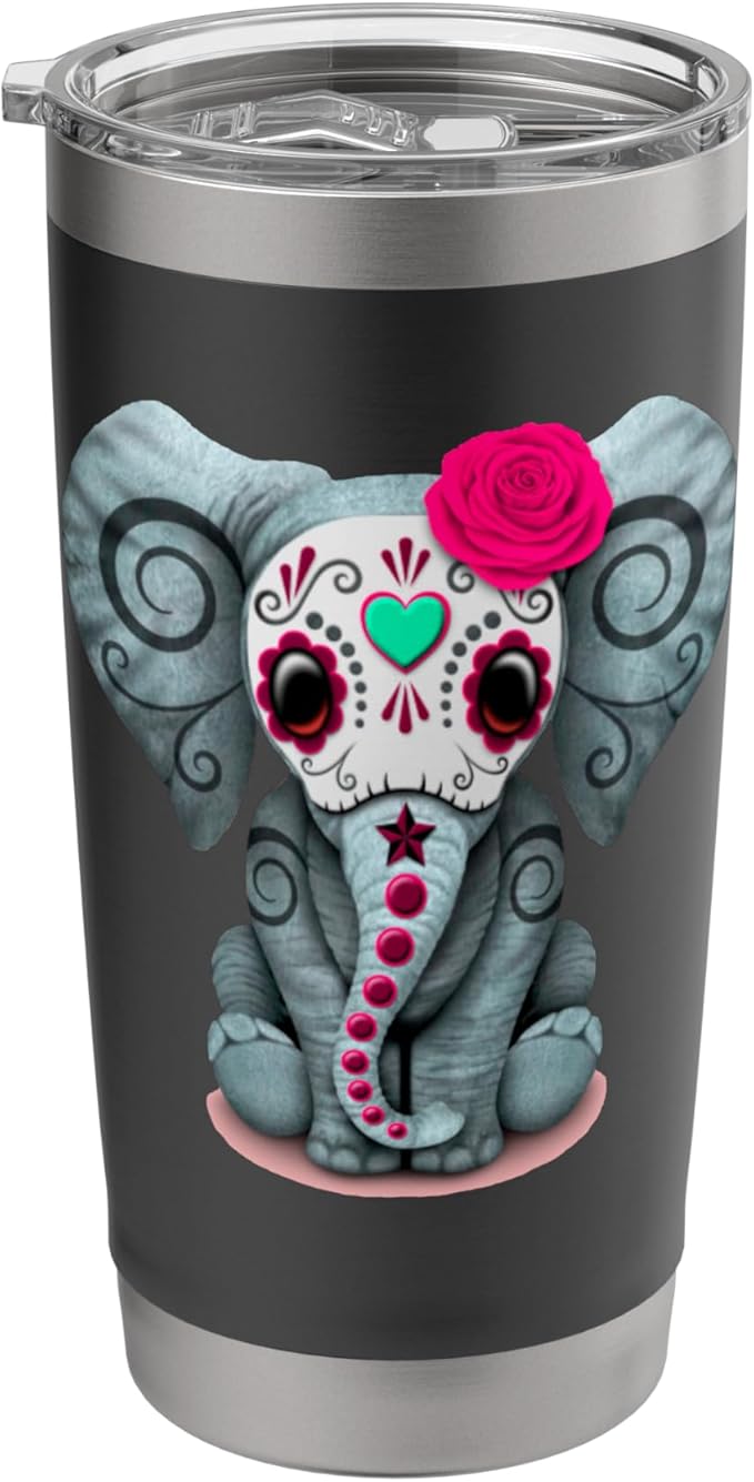 Sugar Skull Red Rose Elephant Day Of The Dead Halloween Stainless Steel Insulated Tumbler - sugar skull tumbler with straw