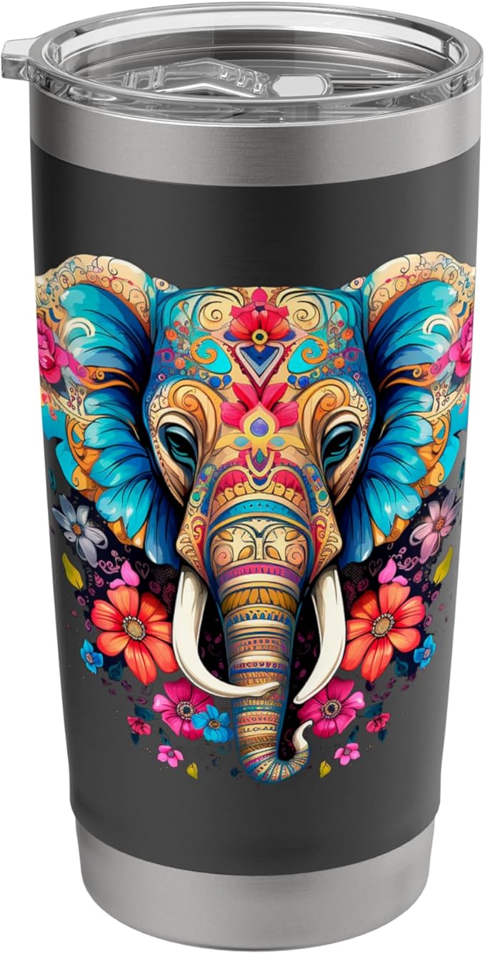 Colorful Sugar Skull Elephant Halloween Men Women Kids Stainless Steel Insulated Tumbler - sugar skull tumbler with straw