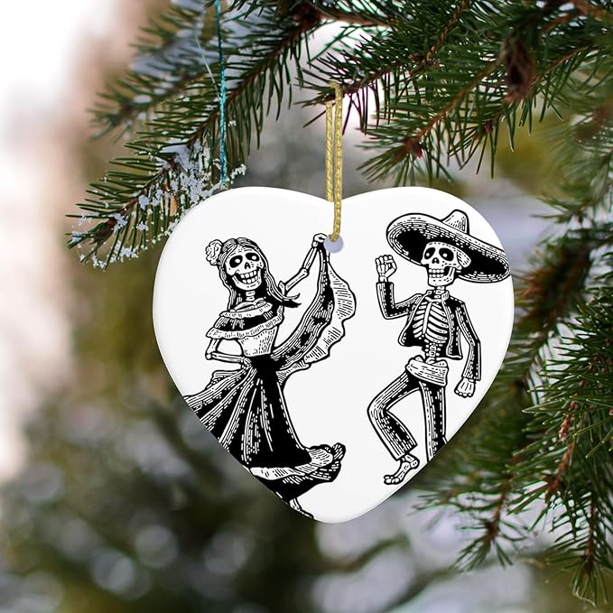 Skeleton Christmas Ornament, Day of The Dead Dancing Male Female Sugar Skulls,Christmas Decoration, Holiday Present Idea, Bauble Present - Xmas Tree Hanging Decoration,Grey White (Heart) - sugar skull christmas decorations