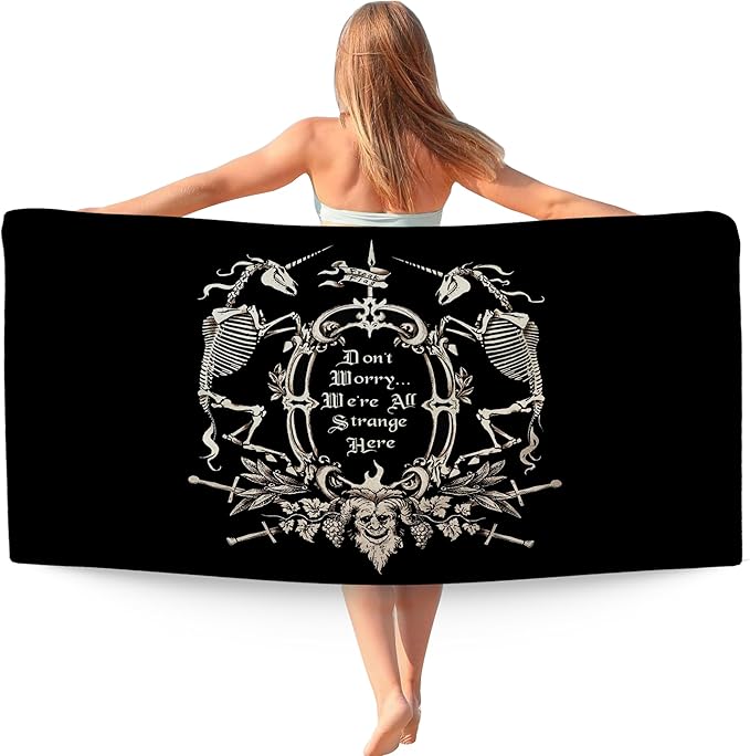 Black Skull Gothic Beach Towel Gifts for Women, Don't Worry We are All Strange Here Microfiber Quick Dry Travel Sand Free Beach Towels Oversized Decor for Bathroom Pool Halloween 30x60 Inch - sugar skull beach towel