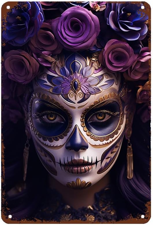 Woman Wearing Flower Crown Picture Sugar Skull Face Retro Metal Tin Sign Wall Decor Funny Metal Tin Sign Poster for Bar Cafe Dining Room Billiard House Home Decoration (16x20inch) - sugar skull poster print