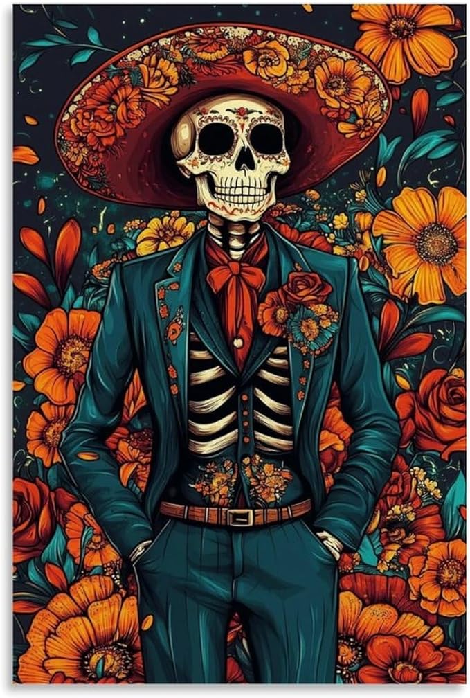 HYMART Vintage Mexican Skull Floral Wall Art Poster, Day of The Dead Prints, Dia De Los Muertos Party Decoration, Sugar Skull Halloween Wall Decor For Home Pub Bar Club Living Room 16x24inch(40x60cm) - sugar skull poster print