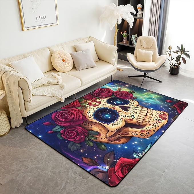 Erosebridal Sugar Skull Carpet Romantic Rose Floral Indoor Floor Mat 5X7 Mysterious Starry Sky Area Rug Exotic Skeleton Leaves Flowers Decorative Rug Goth Halloween Decorations for Boys Girls Teens - sugar skull area rug