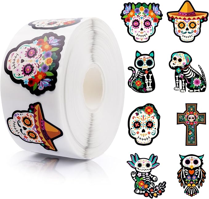 Sugar Skull Stickers Roll, 1000Pcs Day of The Dead Stickers Kids Dia De Los Muertos Decorations, Decor for Water Bottle Scrapbook Gift Boxes Kids Party Supplies - sugar skull vinyl sticker