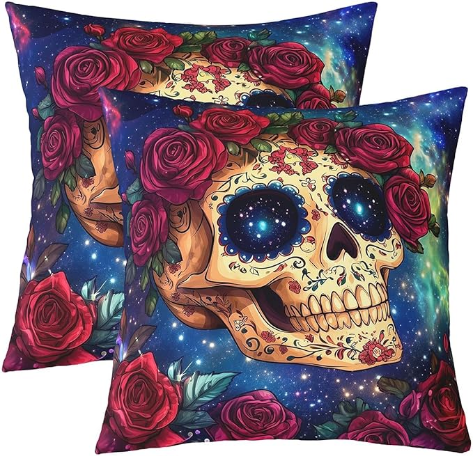 Erosebridal Goth Sugar Skull Pillow Covers 2Pcs Romantic Rose Floral Cushion Covers 22X22 Mysterious Starry Sky Throw Pillow Covers Exotic Skeleton Leaves Flowers Decorative Pillow Covers - sugar skull throw pillow