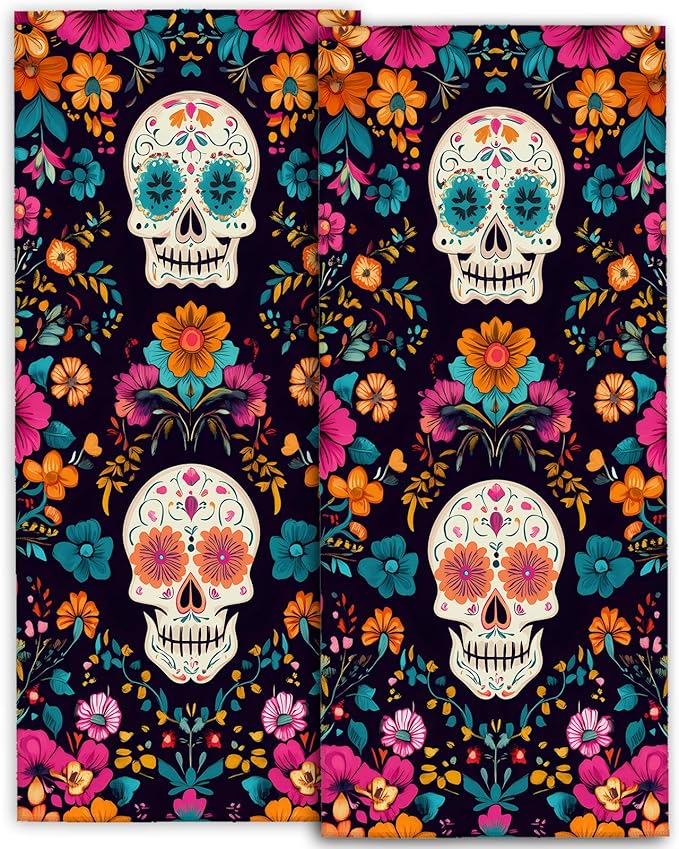 Sugar Skull Hand Towels - 2 Pack, 14.5" X 28",Soft Microfiber Polyester Gothic Towel Set with Colorful Day of The Dead Pattern,for Bathroom Kitchen Spa Hotel Decor Women Girls - sugar skull beach towel