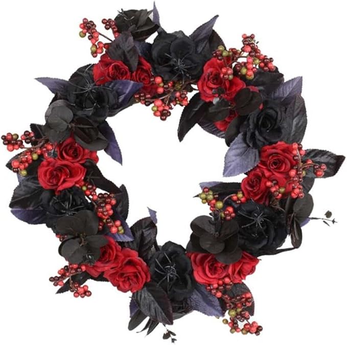 Halloween Black Red Rose Wreath, Black Eucalyptus Leaves with Glitters, Red Roses, Skull, Berries Wreath Decor for Wall, Porch, Window, Indoor and Outdoor - sugar skull wreath for front door