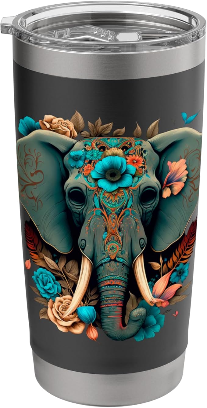 Sugar Skull Elephant with Flowers - Cute Colorful Graphic Stainless Steel Insulated Tumbler - sugar skull tumbler with straw