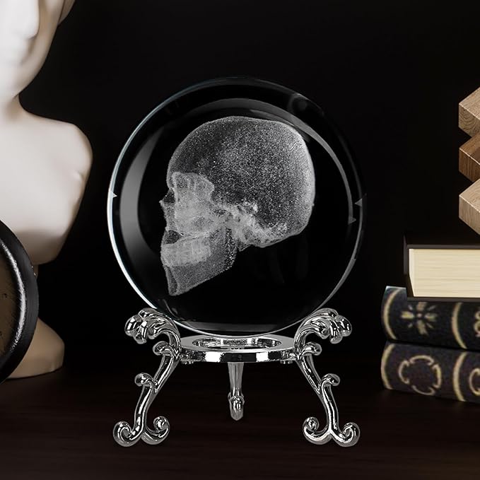 Hallween Skeleton Crystal Ball, 2.4inch Skull Glass Ball Fengshui Figurines Decorative Gifts, Paperweight Crystal Display Sculpture Home Decor for Friends, Scary Cute Halloween Indoor Decor - sugar skull figurine collectible