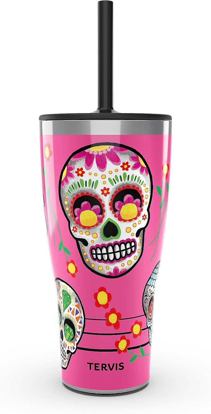 Tervis Traveler Colorful Sugar Skulls Triple Walled Insulated Tumbler Travel Cup Keeps Drinks Cold & Hot, 30oz with Straw Lid, Stainless Steel - sugar skull tumbler with straw