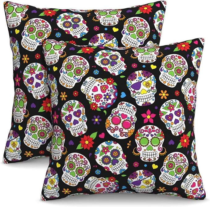 Famame Decorative Pillow Covers Set of 2 Day of The Dead Sugar Skulls Throw Pillows Cover 18x18 inch Square Pillowcase Couch Cushion Cases for Sofa Living Room Bedroom Home Decor - sugar skull throw pillow