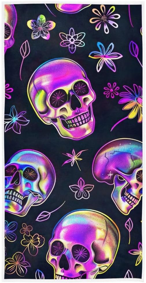 Purple Flowers Halloween Sugar Skull Skeleton Gothic Hand Towel Multipurpose for Bathroom, Hotel, Gym and Spa 30"x15" 20325631 - sugar skull beach towel