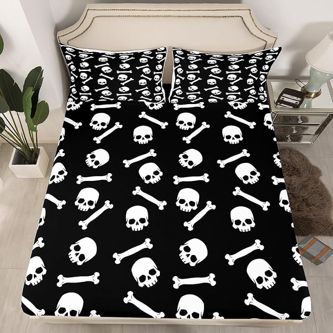Erosebridal Sugar Skull Fitted Sheet Twin,Gothic Skeleton Bones Bed Sheets for Kids Boys Girls,Halloween Horror Theme Bedding Set,Black White Sheets 2 Pcs with 1 Pillow Case Deep Pocket - sugar skull bedding set