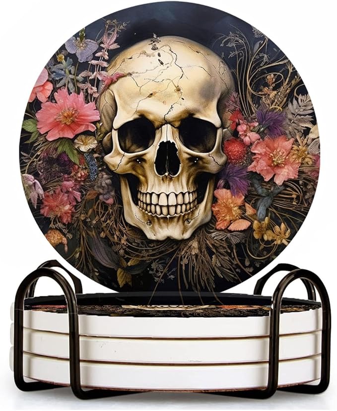 Ceramic Drink Coasters with Holder,Watercolor Art of Death Skulls Decorated with Flowers Water Absorbent Marble Tabletop Protection (Cork Base),Set of 4,Suitable for Various Mugs,Home Decor，4 Inch - sugar skull coasters set
