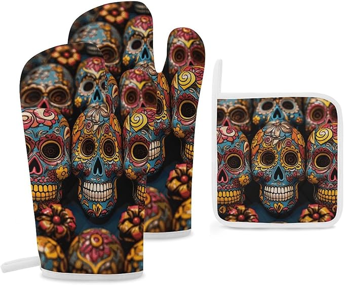3 Pcs Oven Mitts and Pot Holders Set Kitchen Oven Gloves Heat Resistant Potholders Non-Slip Hot Pads Colorful Sugar Skulls Oven Mits for Cooking Baking Grilling - sugar skull oven mitts