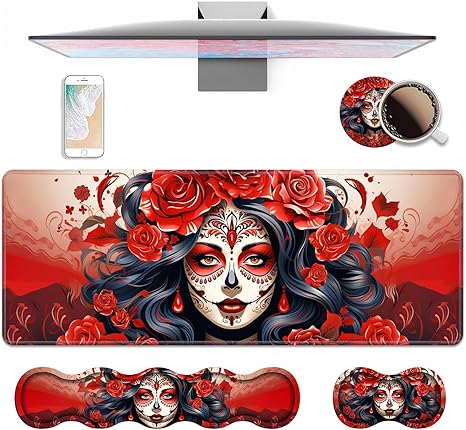 4 in 1 Ergonomic Keyboard Wrist Rest & Mouse Pad Wrist Rest Set, Large XXL Gaming Desk Mat 31.5"x 11.8" with Non-Slip Base, Memory Foam for Home Office Study Gaming, Sugar Skull Girl Roses - sugar skull coasters set