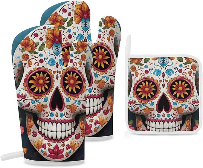 3 Pcs Oven Mitts and Pot Holders Set Kitchen Oven Gloves Heat Resistant Potholders Non-Slip Hot Pads Colorful Sugar Skull Oven Mits for Cooking Baking Grilling - sugar skull oven mitts