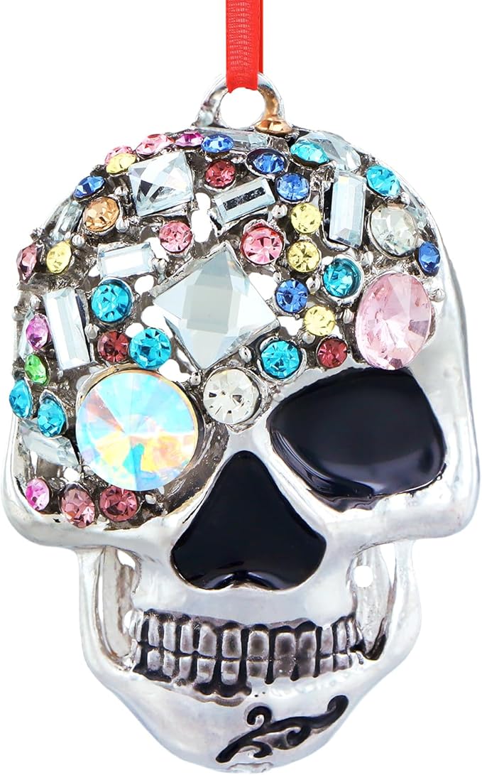 WaaHome Silver Metal Halloween Ornaments for Tree Decorations Mini Skull Christmas Ornaments Spooky Skeleton Ornament for Halloween Tree Decorations Day of The Dead Decor - sugar skull christmas ornament