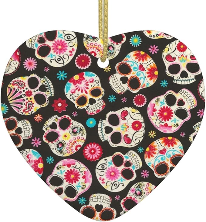 Christmas Ceramic Love Pendant, Black Sugar Skulls Christmas Decorations Hanging Ornament Home Office Hanging Decor - sugar skull christmas decorations