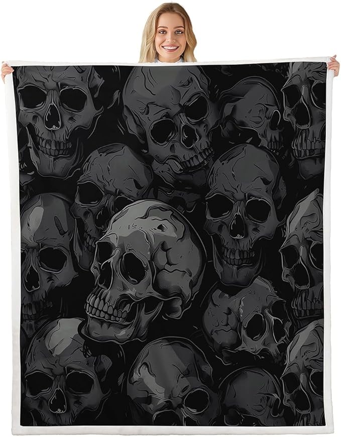 Erosebridal Skull Fleece Blanket Queen 90x90,Gothic Halloween Skeleton Bones Throw Blanket for Couch,Sugar Skull Horror Theme Bed Blanket,3D Skull Black Grey Fuzzy Blanket Halloween Decor Soft Warm - sugar skull throw blanket