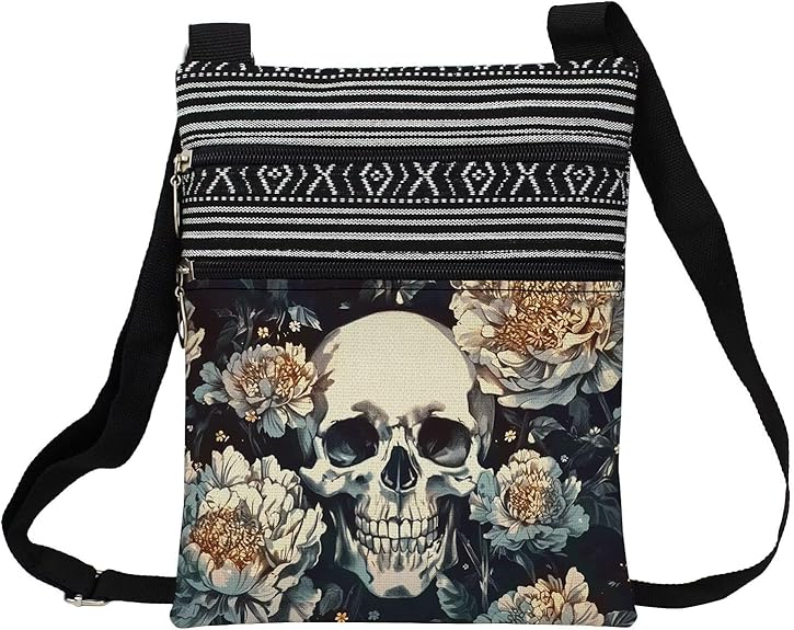 Skull Messenger Bag Ethnic Pattern Printed Adjustable Strap Crossbody Zipper Pouch Gothic Present for Woman - sugar skull wallets for women