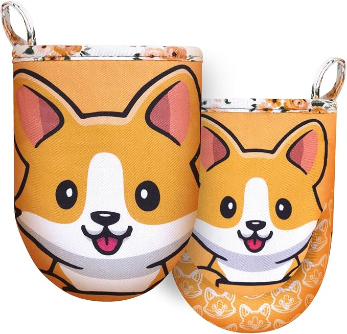 Mini Oven Mitts Cute,Silicone Oven Mitts Heat Resistant 500℉ with Non-Slip Grip and Soft Quilted Cotton Lining for Kitchen Cooking and Baking. Machine Washable-Dog - sugar skull oven mitts