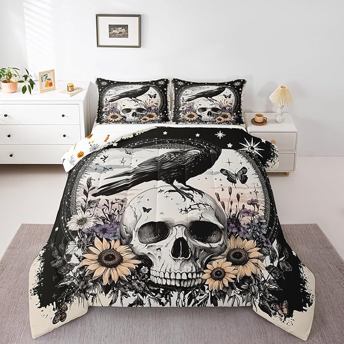 Erosebridal Halloween Raven Comforter Set Full Size, Sugar Skull Bedding Set for Kids Teens Adult Bedroom, Stars Galaxy Duvet Insert Crow Sunflower Floral Duvet Sets, 2 Pilow Cases, Black White - sugar skull bedding set