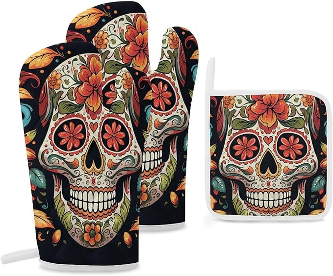 3 Pcs Oven Mitts and Pot Holders Set Kitchen Oven Gloves Heat Resistant Potholders Non-Slip Hot Pads Colorful Sugar Skull Oven Mits for Cooking Baking Grilling - sugar skull oven mitts
